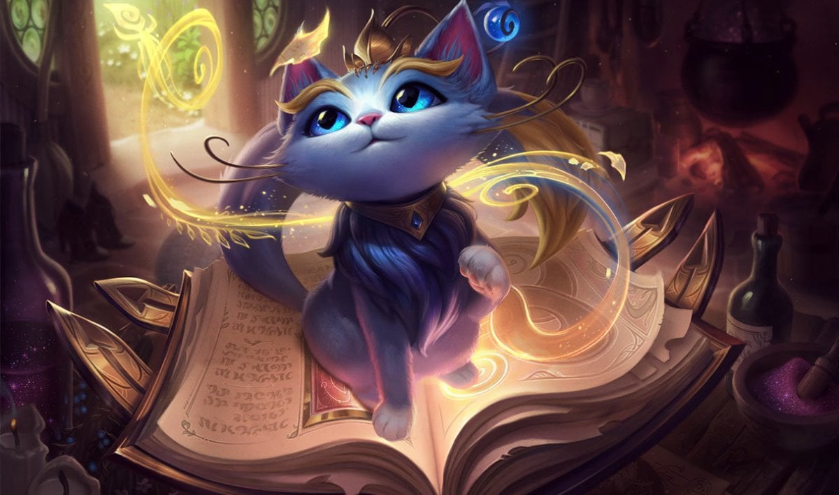 The official splash art for Yuumi, the Magical Cat, depicting a light blue cat on a book with magic swirling around her.