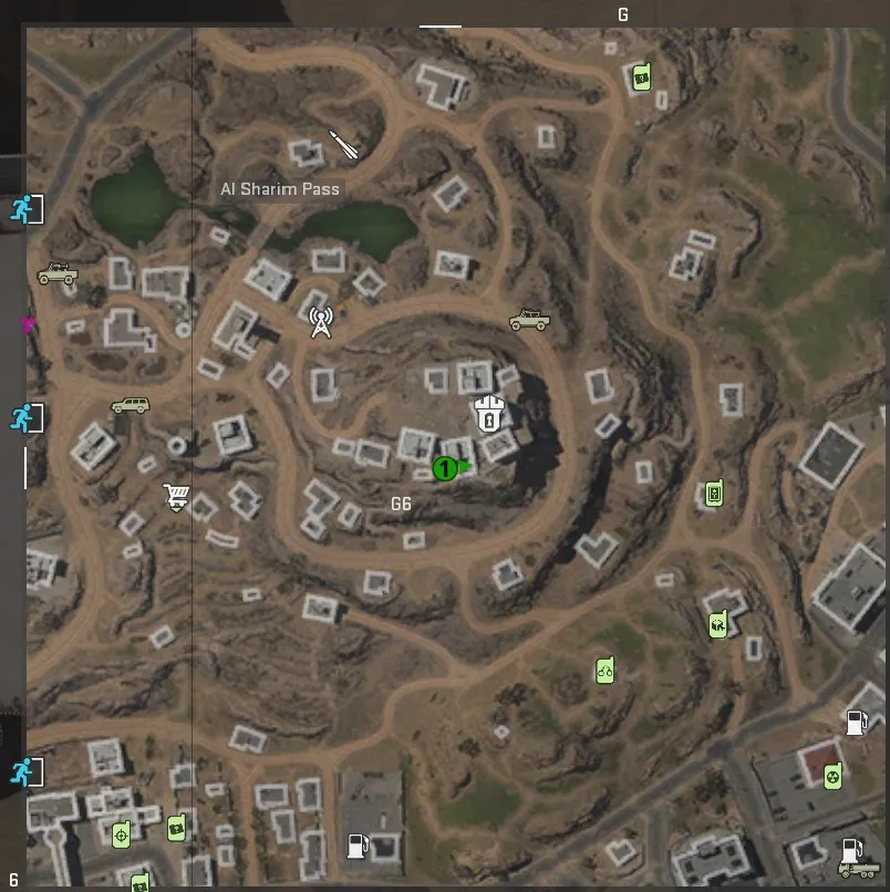 Uno screenshot di una mappa di Al Mazrah in DMZ, con un segno verde che indica la posizione di una caduta morta