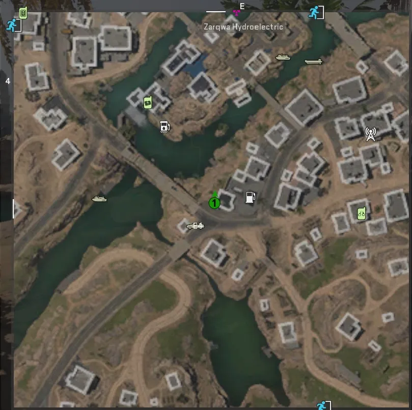 Et skjermbilde av et kart over Al Mazrah i DMZ, med et grønt merke som indikerer plasseringen av en død dråpe