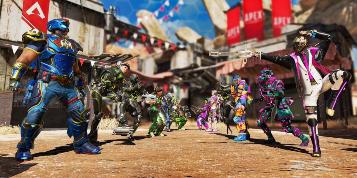Two teams of six legends each stand across from each other on Skull Town, the returning map for Team Deathmatch.