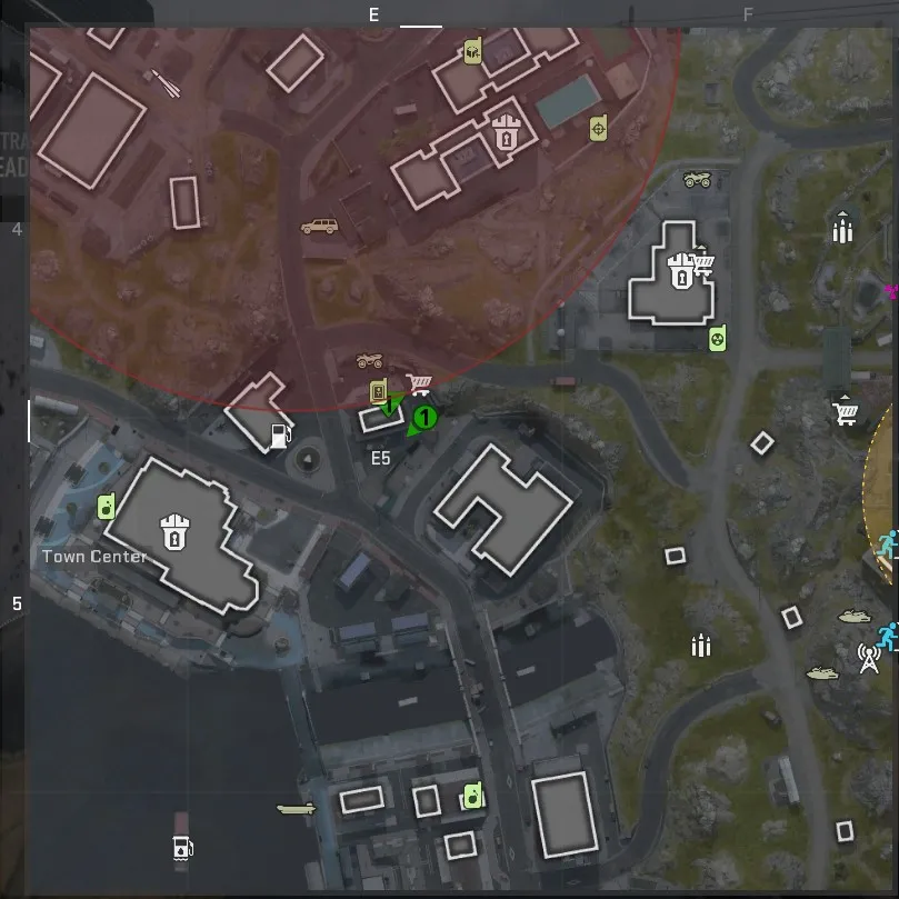 DMZ的Ashika島地圖的屏幕截圖，上面有綠色標記，指示死滴的位置。