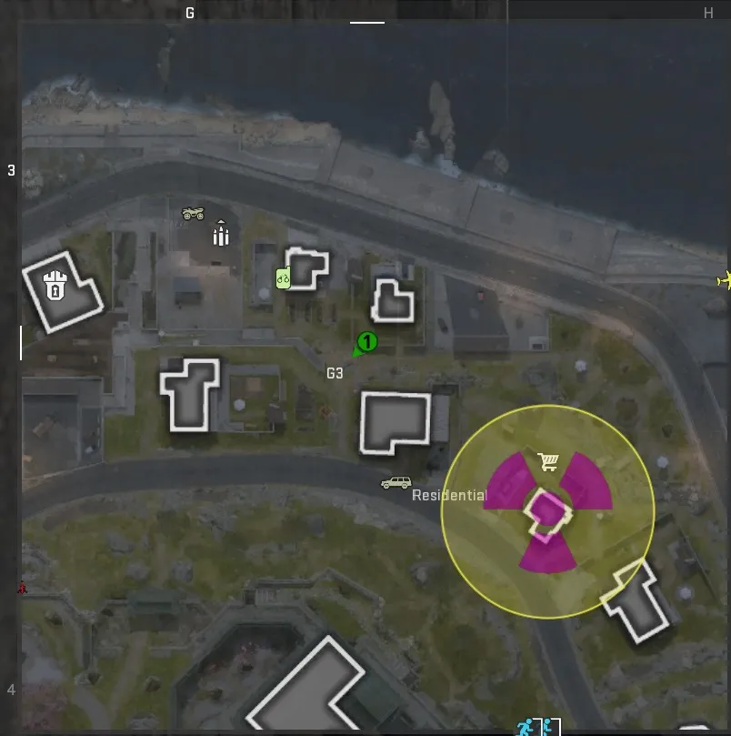 Zrzut ekranu mapy wyspy Ashika w DMZ, z zielonym znakiem wskazującym lokalizację martwej kropli