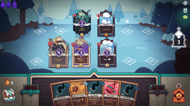 A screenshot of Wildfrost in which the characters' attack orders are highlighted on each card in purple.
