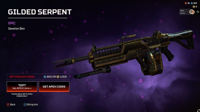 The Gilded Serpent Devotion skin. It's primarily black, with some subtle gold touches and a small snake design on the magazine.