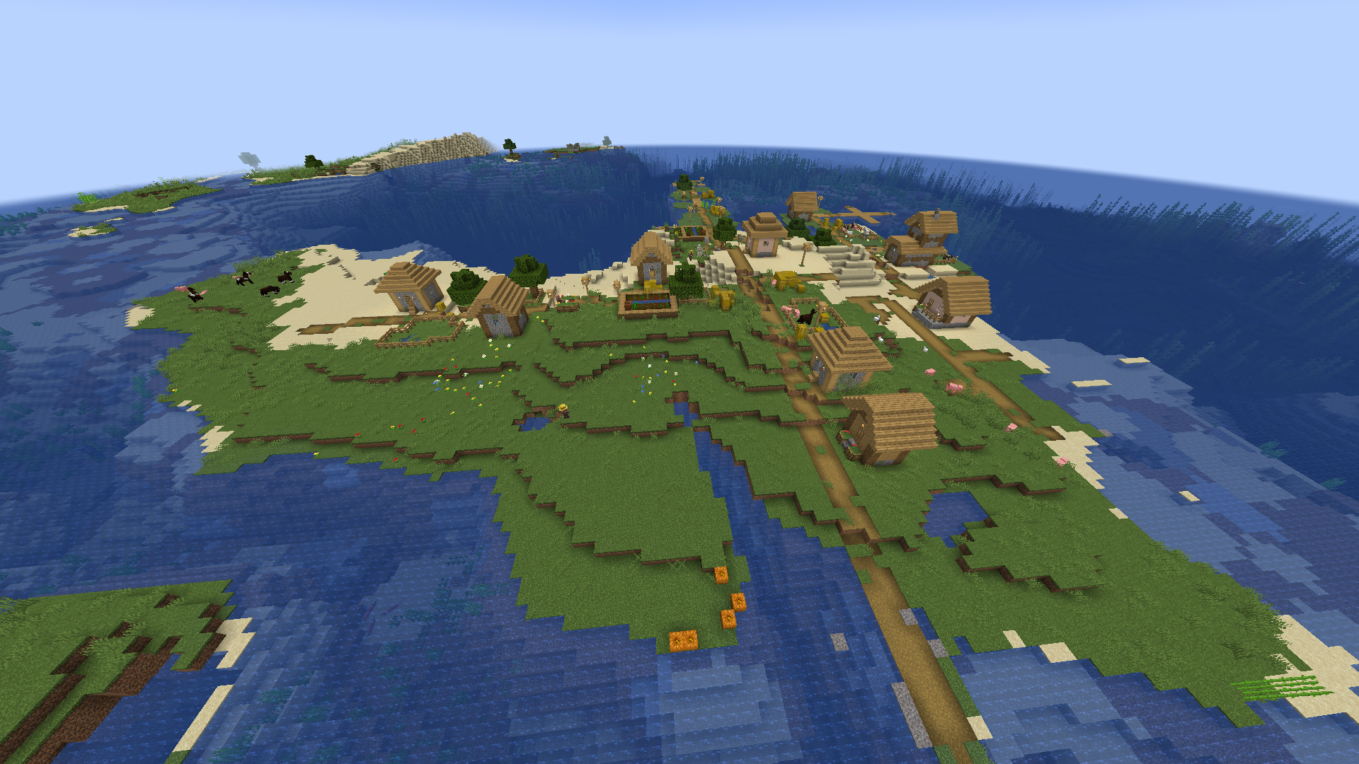 Minecraft में तट से दूर एक समुद्र तट गाँव।