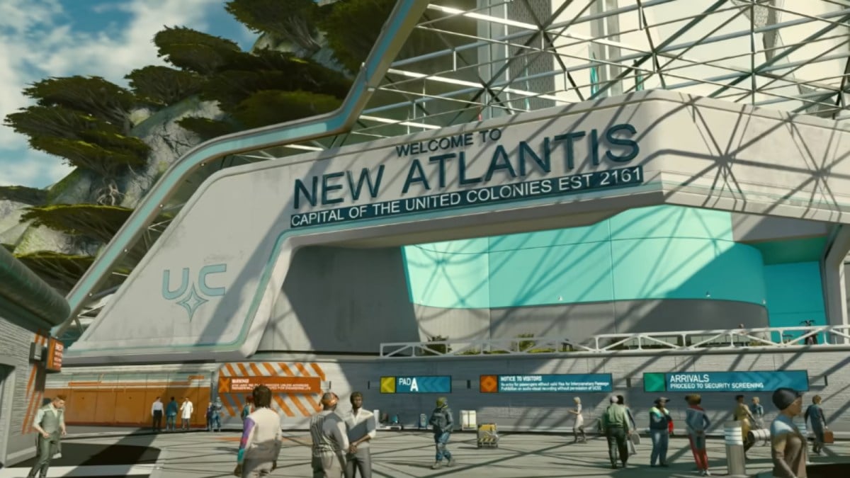 A blue sign welcomes a player to New Atlantis, the first human settlement in space.