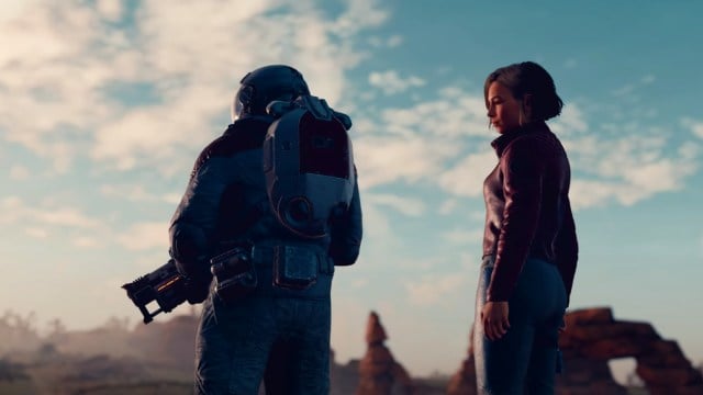 A player and an NPC share a romantic moment with blue skies.