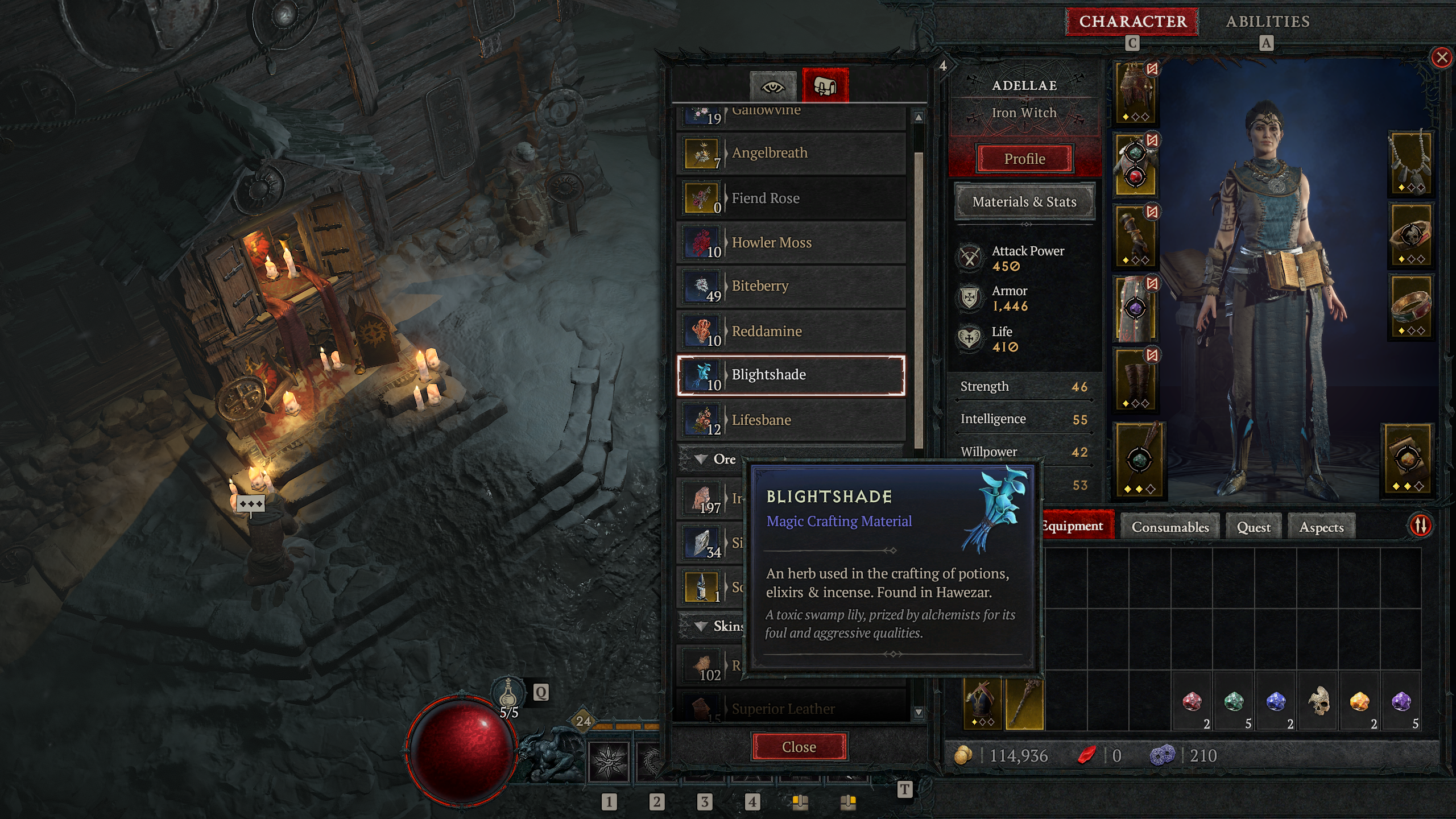 Diablo 4 character with Blightshade in the inventory.