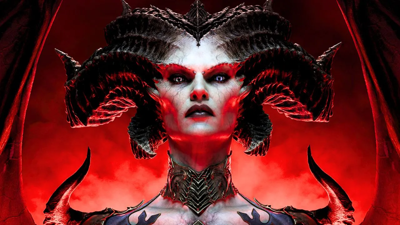 Diablo 4'te kırmızı arka planla çevrili boynuzlu kadın