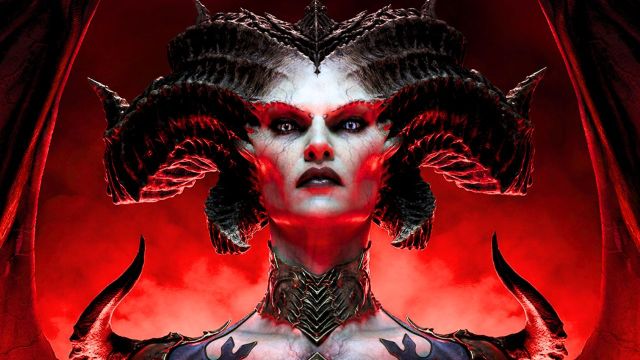 Woman with horns surrounded by red background in Diablo 4