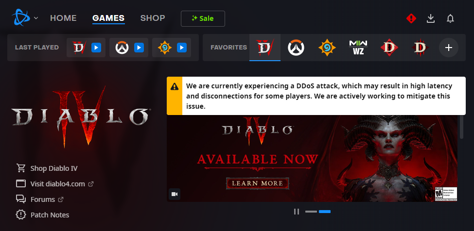 A screenshot of the Battle.net launcher's DDoS message.