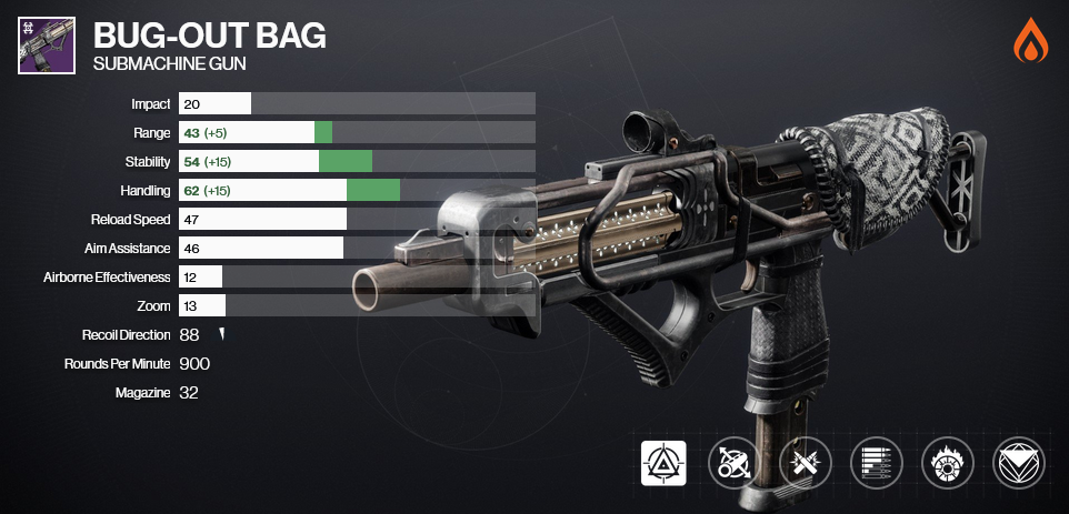An image of the PvE god roll for Bug-Out Bag in Destiny 2. Incandescent and Subsistence are equipped in the perk slots.