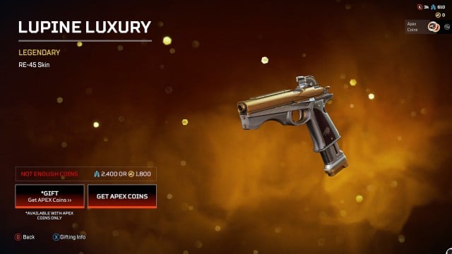 Lupine Luxury RE-45 skin. It's a sleek, gold and silver skin with a wolf on the handle.