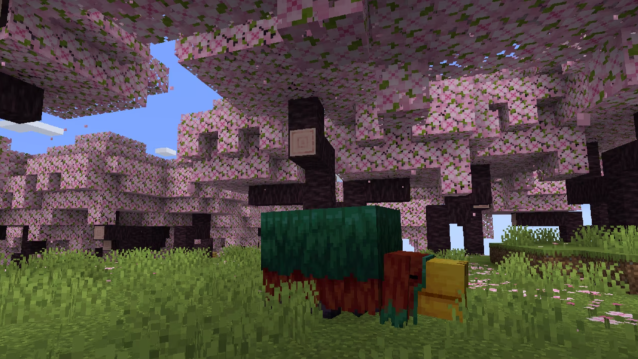 A Sniffer sitting underneath a cherry blossom tree in a cherry blossom grove biome. 