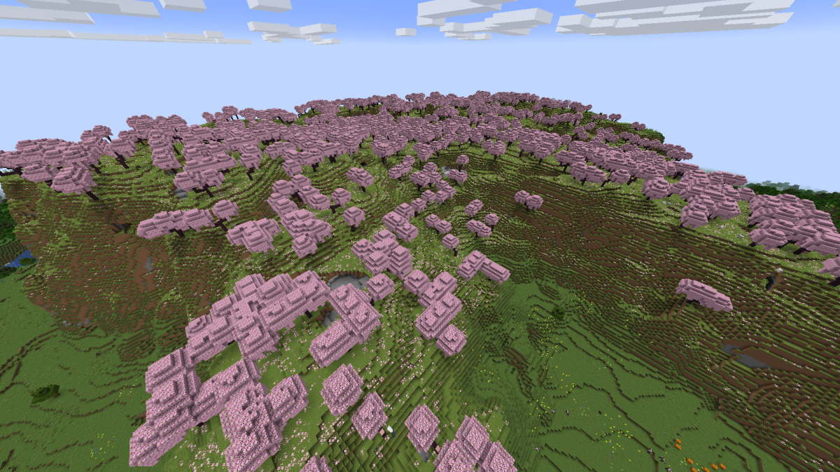 A massive cherry blossom biome in Minecraft.