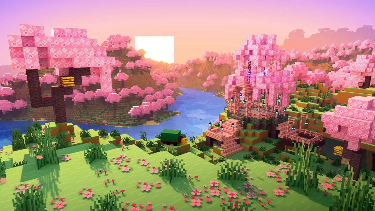 A cherry blossom biome in Minecraft.