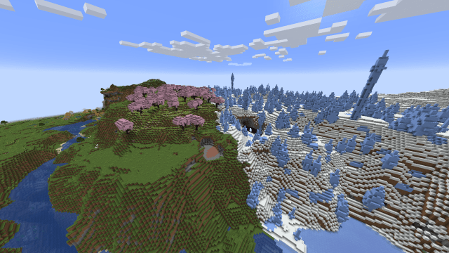 A cherry blossom biome by a ice spikes biome. 