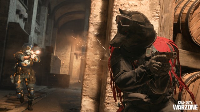 A DMZ operator in wolf mask awaits an opponent's advances.