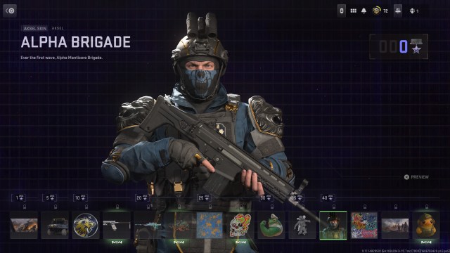 A screenshot of the Alpha Brigade operator skin for Aksel in MW2.