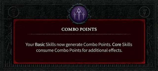 The Combo Points description in Diablo 4, which reads: "Your Basic Skills now generate Combo Points. Core skills consume Combo Points for additional effects."