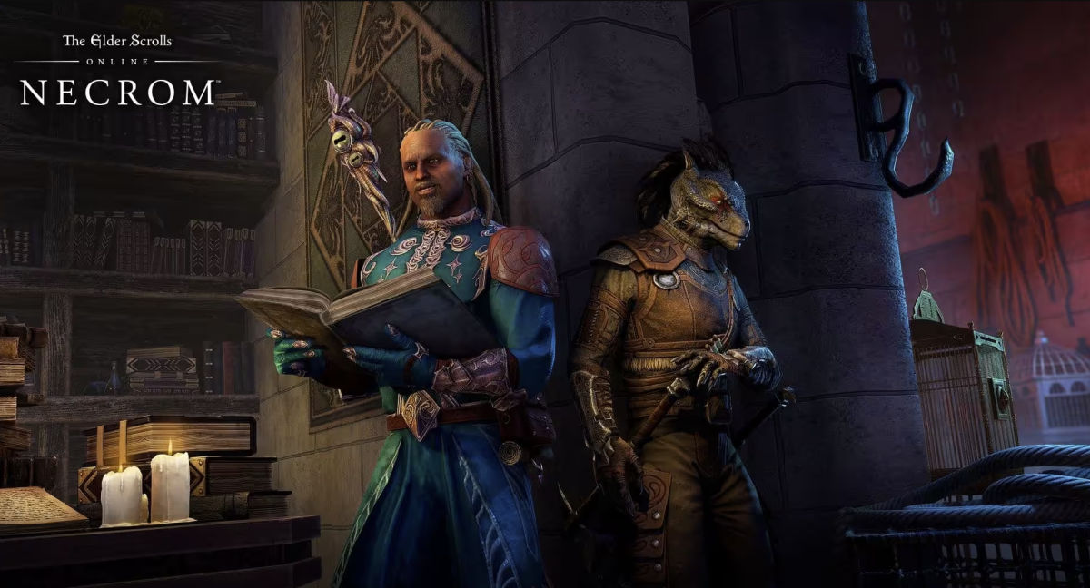 A press image from ESO's Necrom chapter shows two companions standing side by side. A Redguard mage holds an open book, and an Argonian Warden stands by the corner next to him, eyes cast to the side.