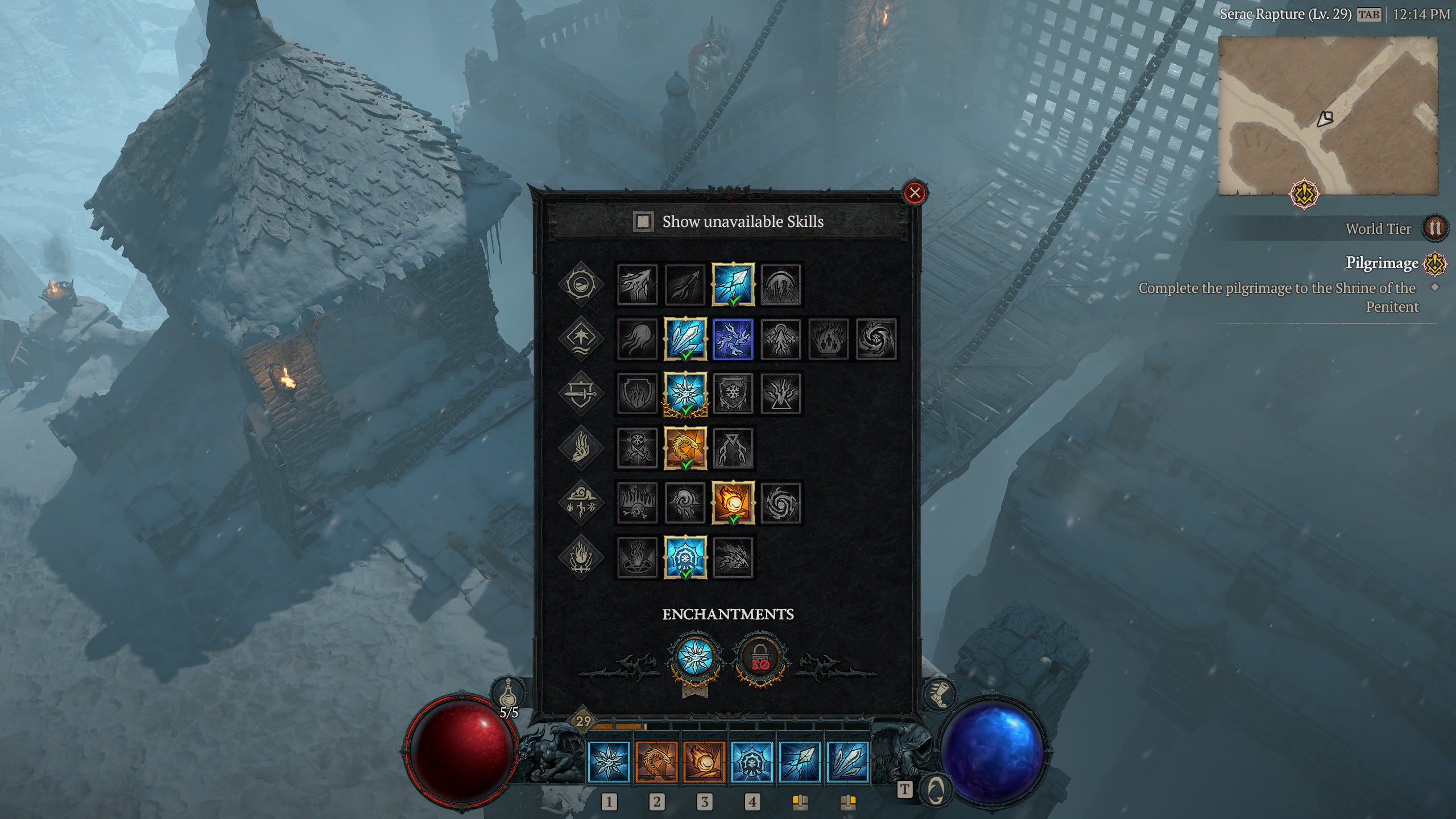 A screenshot of the skill tree used by the Ice Shard Sorcerer in Diablo 4, with a town gate and drawbridge emerging from the mist.