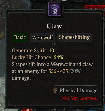 A screenshot of the Claw ability for Druid in Diablo 4.