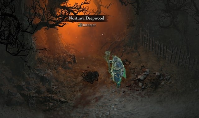 A screenshot of the entrance to the Nostrava Deepwood dungeon in Diablo 4.