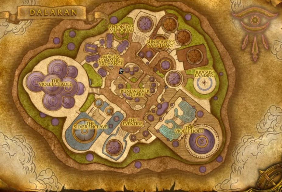 Image of the Dalaran map in World of Warcraft.