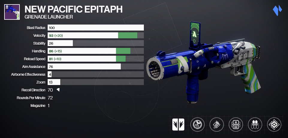 An image depicting the PvE god roll for New Pacific Epitaph in Destiny 2. The perks equipped are Lead From Gold and Redirection.