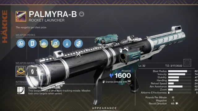 A Palmyra-B rocket launcher in Destiny 2, complete with selected perks and statistics for this particular roll.