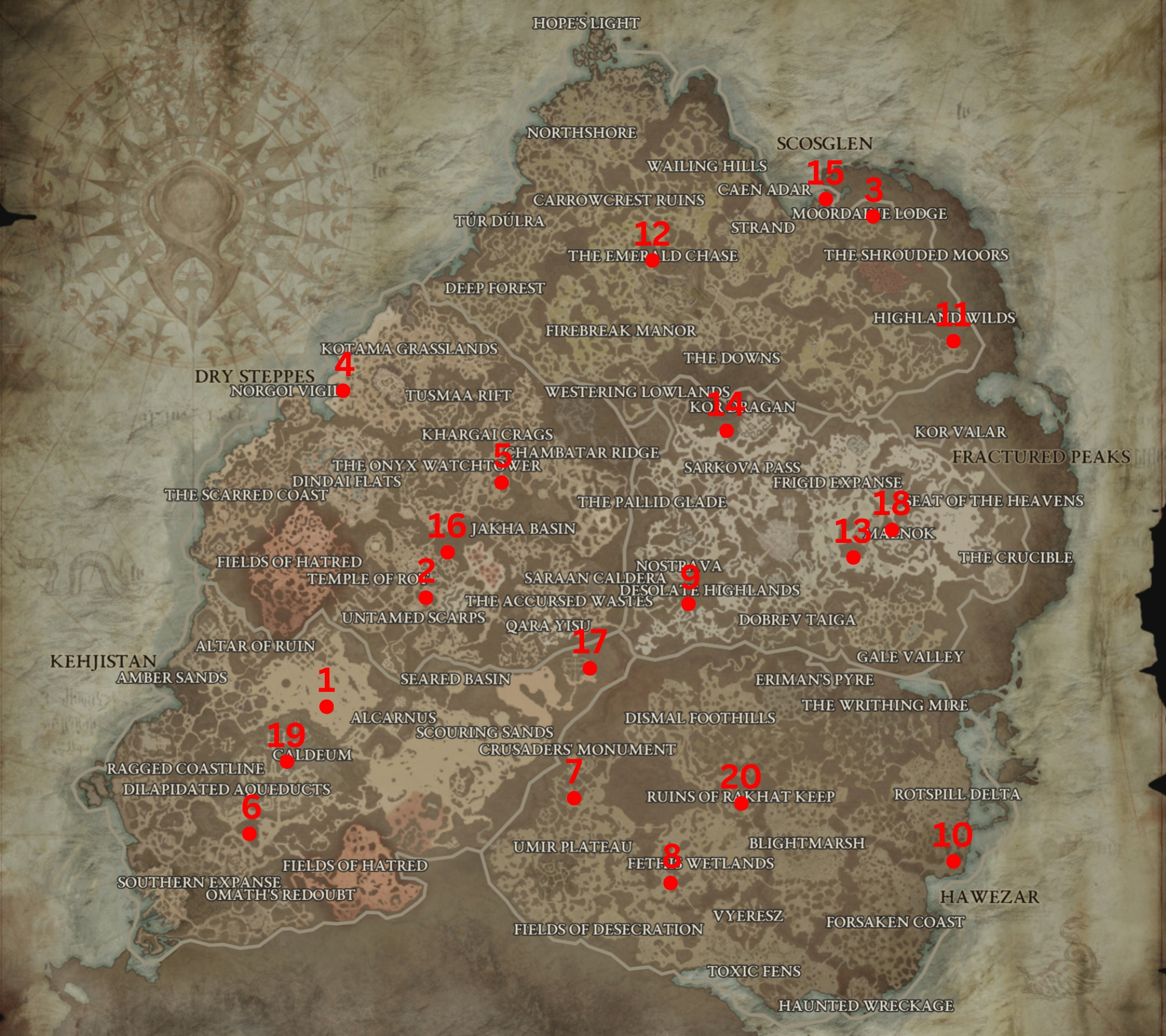 Red dots and numbers on the Sanctuary map indicating Aspect dungeons in Diablo 4.