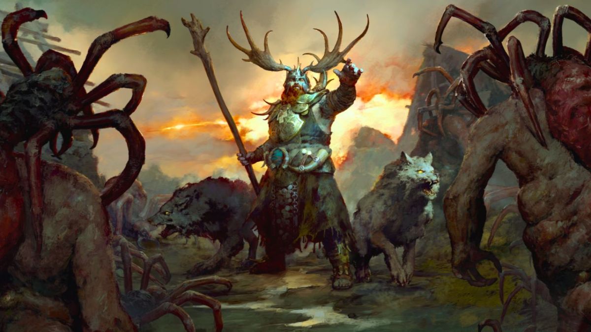 Diablo 4's Druid surrounded by demons and werewolves.