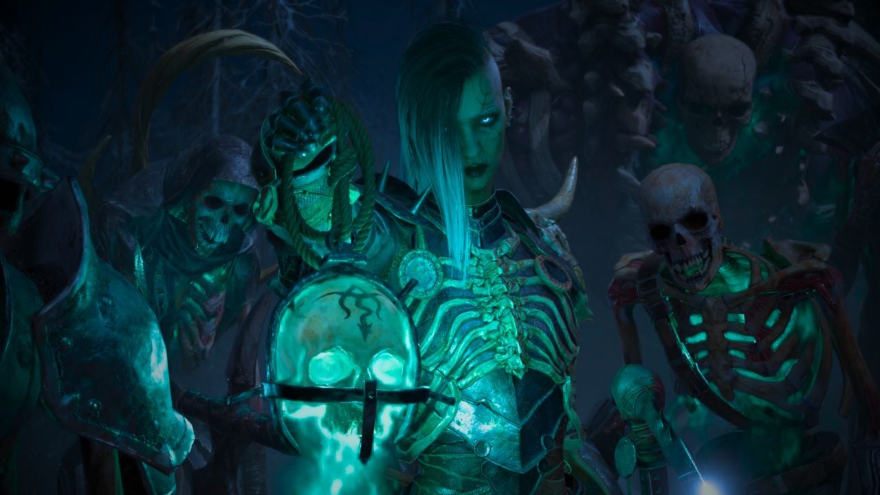 Necromancer from Diablo 4 surrounded by skeletons