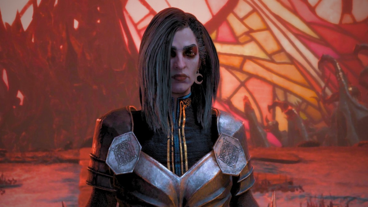 Necromancer woman in silver armor surrounded by red stained glass in Diablo 4
