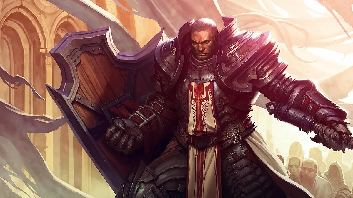 A Crusader defends himself with his shield and wields his flail in Diablo.