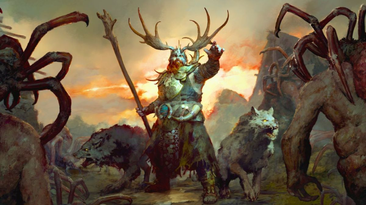 Druid male wearing antlers surrounded by angry wolves in Diablo 4.