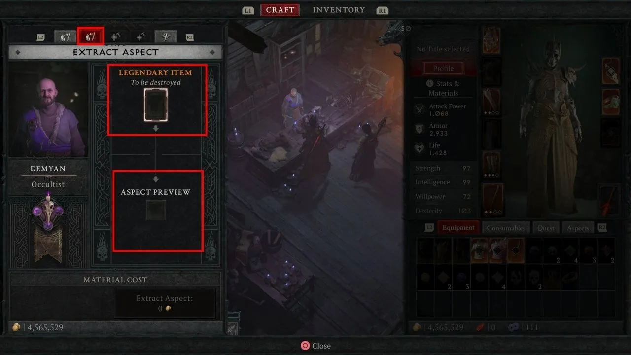 Red boxes outlining tabs and gear boxes at the Diablo 4 Occultist.
