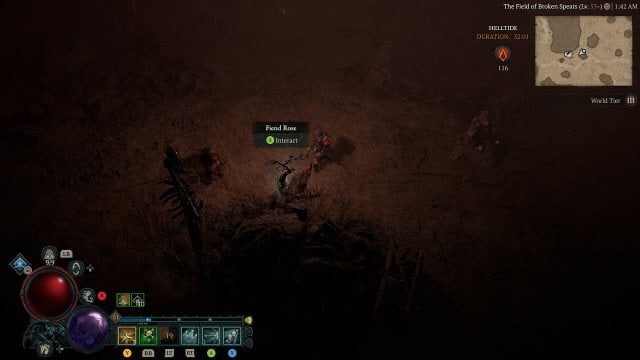 A picture of a Fiend Rose growing on the ground in Diablo 4.