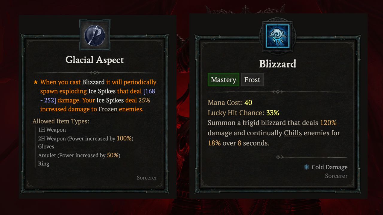 Two cards depicting Glacial Aspect details and Blizzard ability in Diablo 4