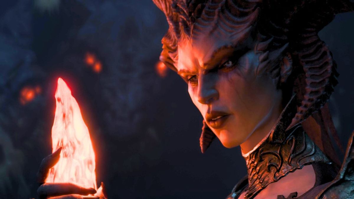 Woman with horns staring at glowing stone in Diablo 4.