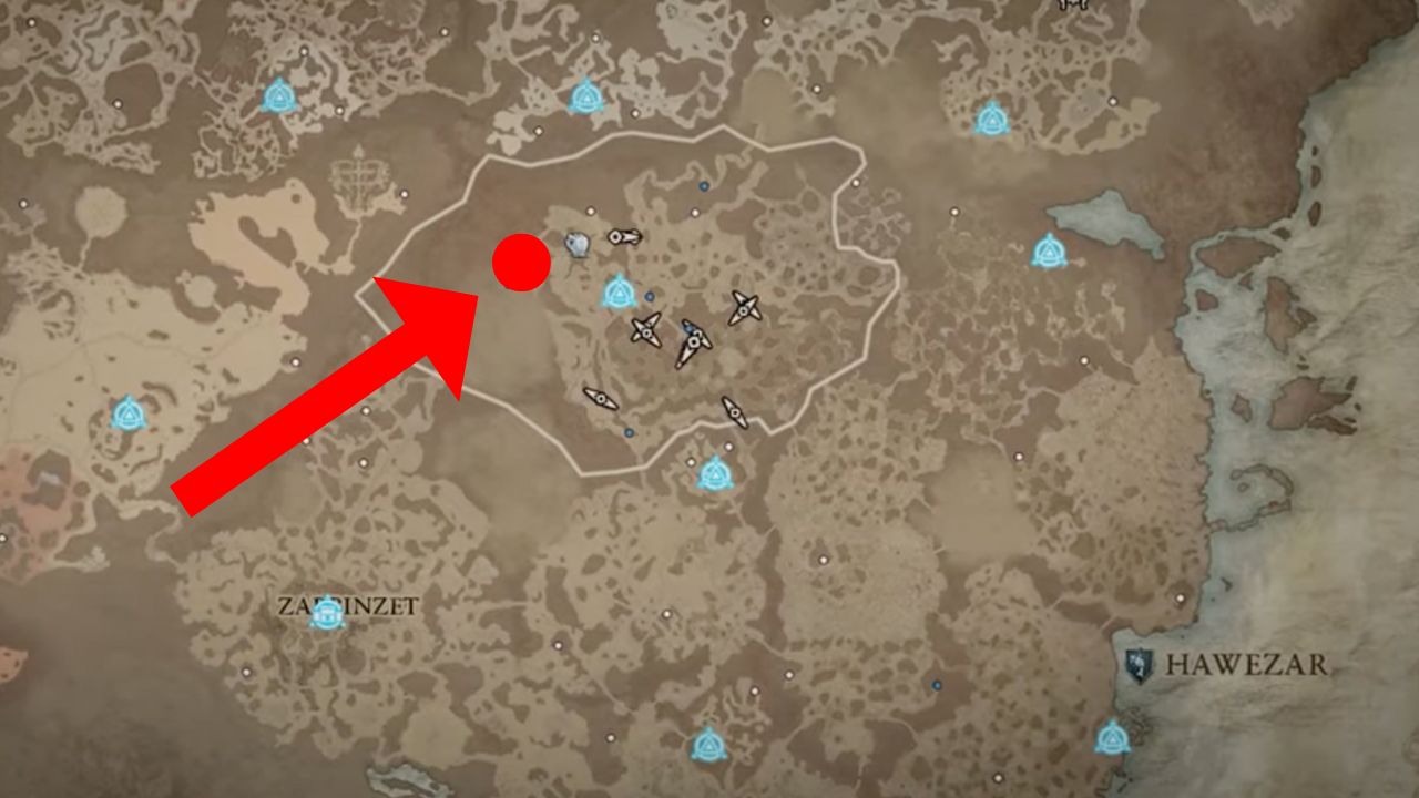 Red dot and arrow on Diablo 4 map showing elite monster location.