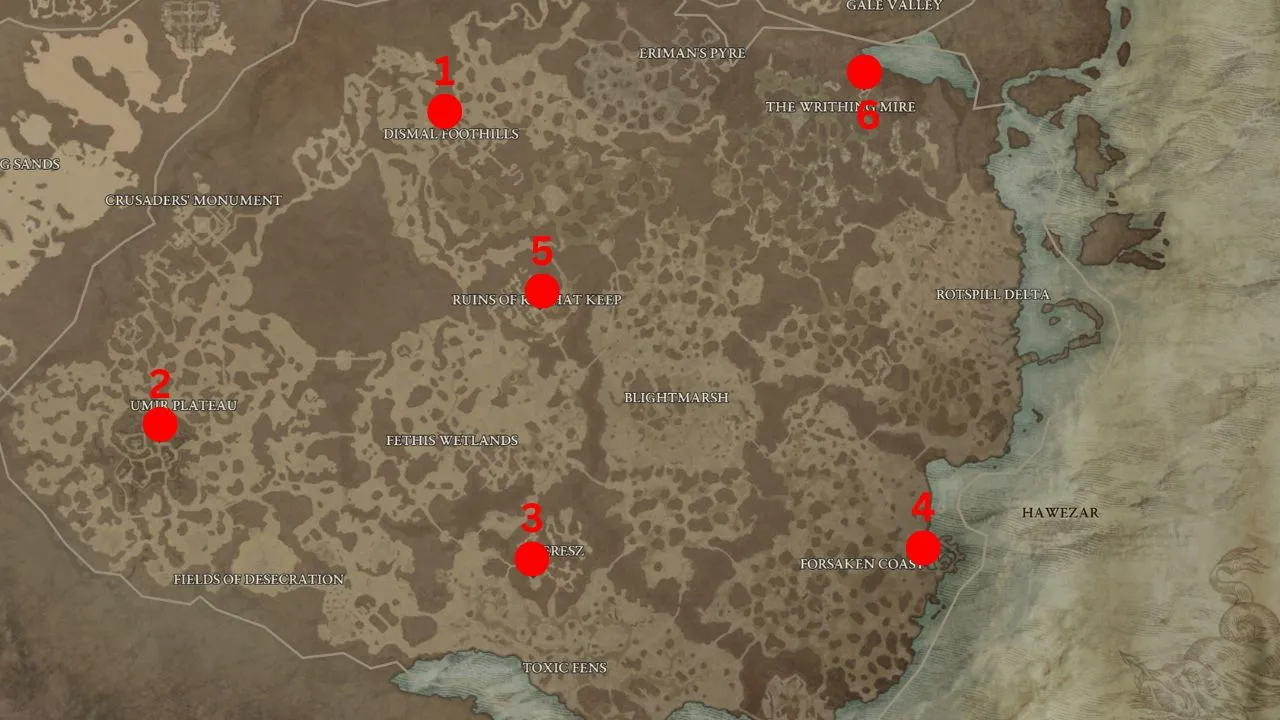 Red dots and numbers on map indicating waypoints in Hawezar Diablo 4