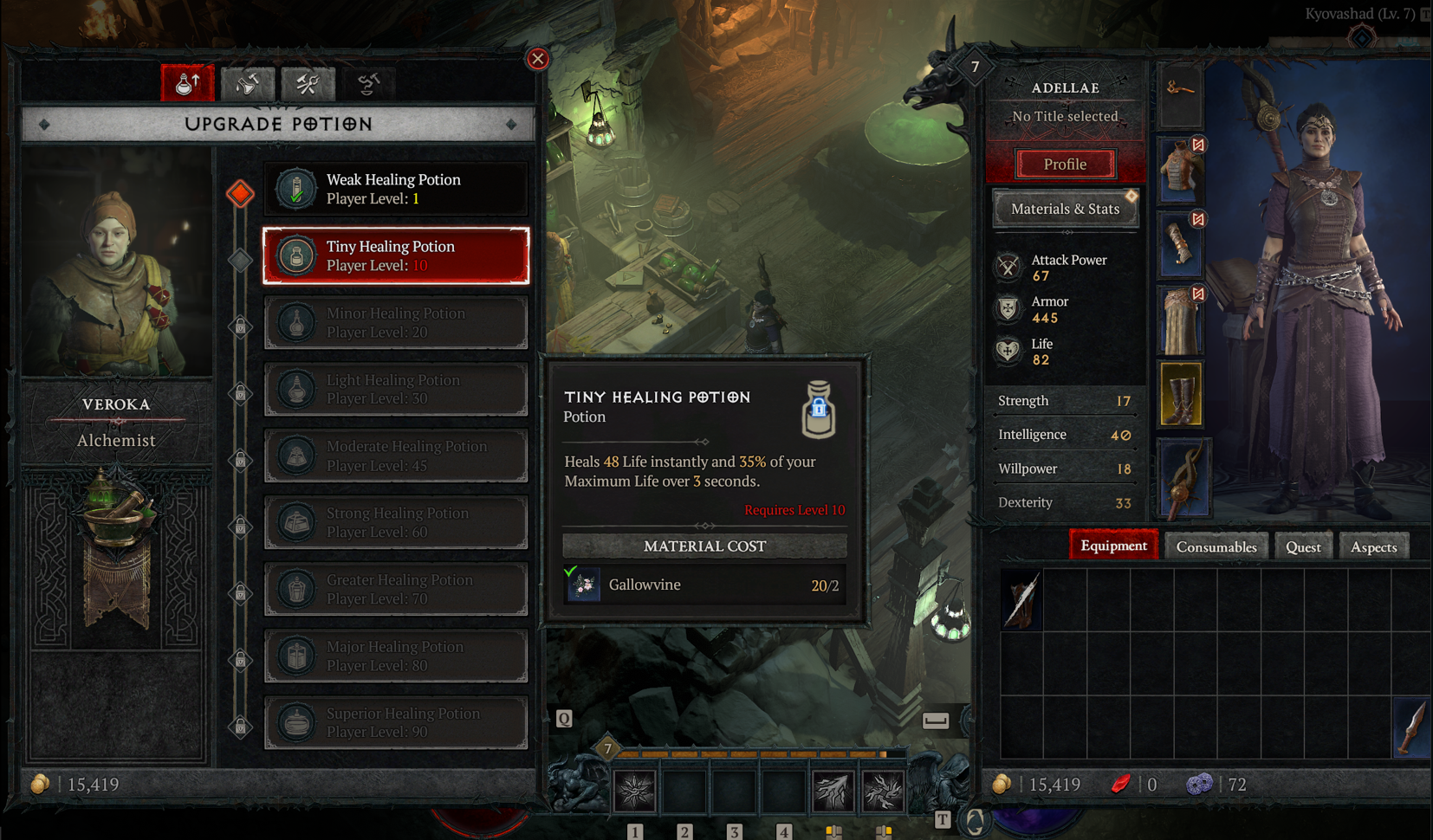 Health potion upgrade menu in Diablo 4.