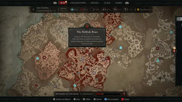 A picture of the Diablo 4 map showing a Helltide event.