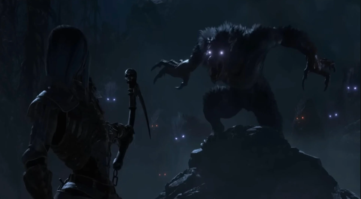 Diablo player staring at an angry werewolf with purple eyes