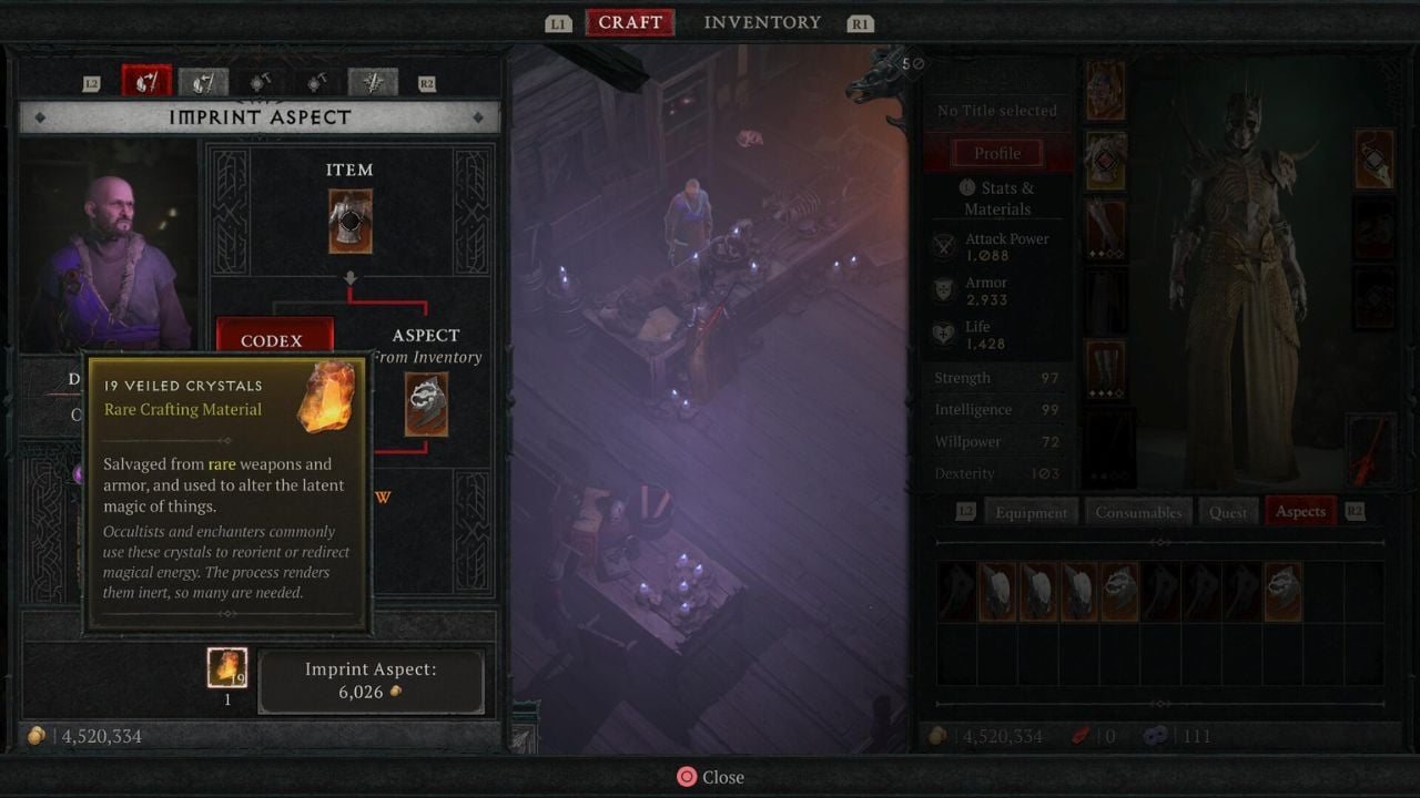 Images of crystals and armor for imprinting an aspect in Diablo 4