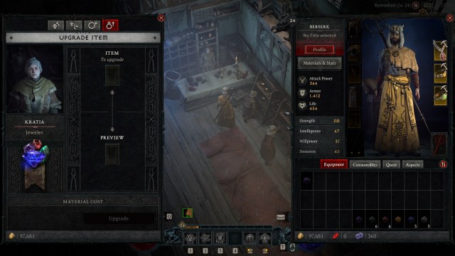 A character upgrading items at a jeweller in Diablo 4.