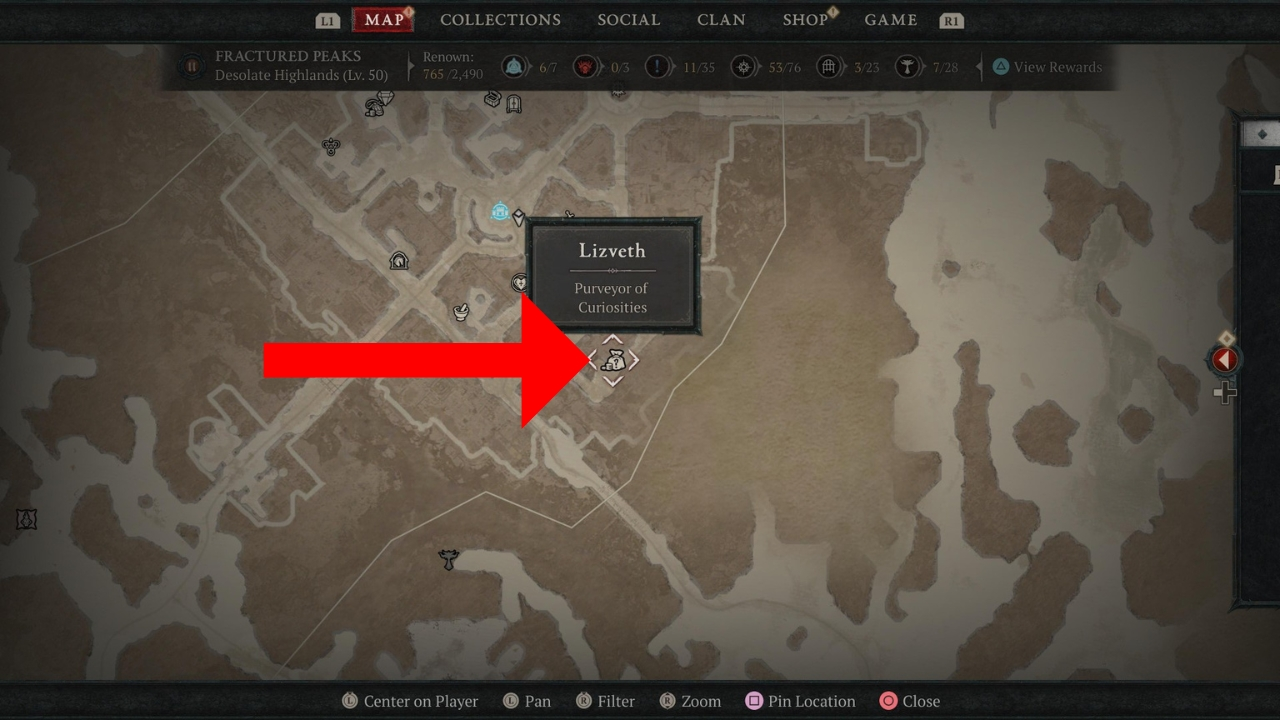Red arrow pointing to Bag with dollar sign on a map of the Sanctuary in Diablo 4