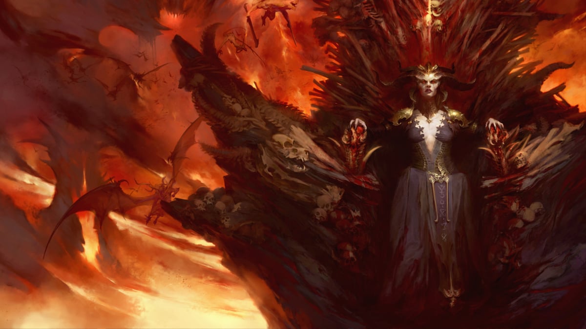 Lilith sits atop her throne, surrounded by darkness and flames in Diablo 4.